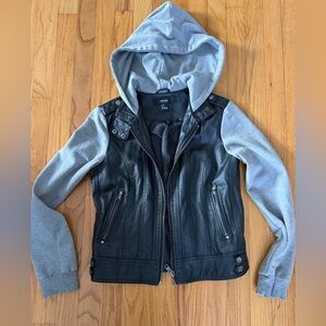 Forever 21 vintage faux black leather with gray sleeves and hood - size medium